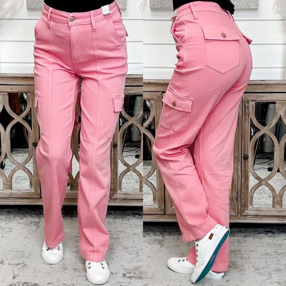 Judy Blue Denim - Judy Blue High Rise Cargo Straight Jeans in Pink 15/32